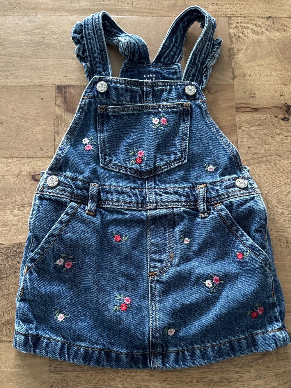 Gap Denim Floral Embroidered Overall ruffle straps Dress Blue sz 2